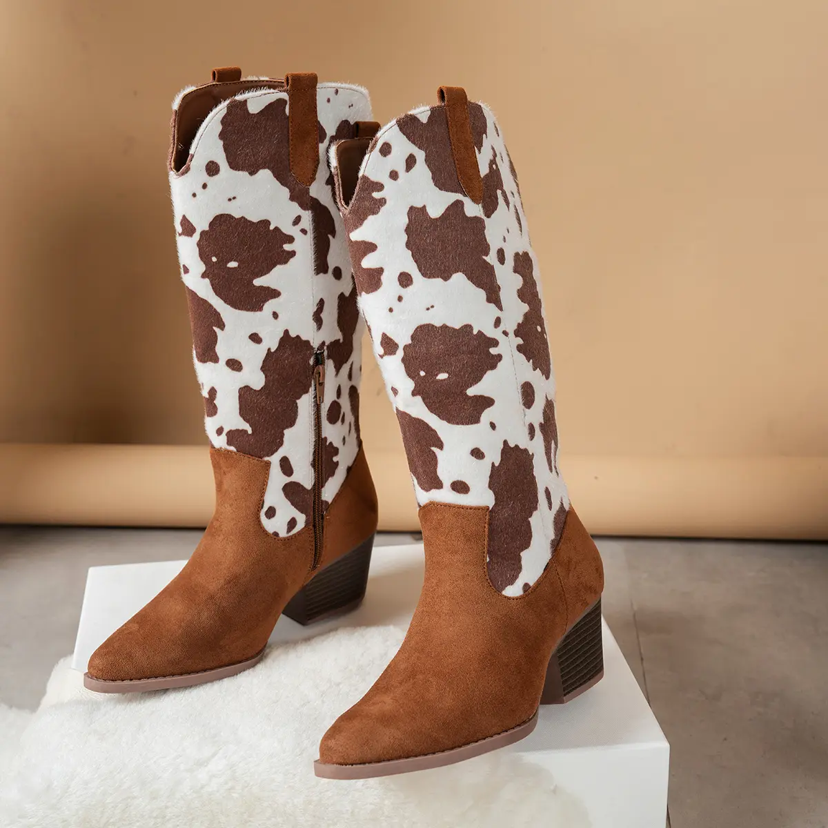 Women's Over-the-Knee Boots, Western Style Cow Print Faux Suede Footwear with a Chunky Block Heel and Side Zipper for Casual Wear, Shoe, Design, Fabric, Western Ootd, Cowboy Aesthetic, Over-Knee, All Seasons, Leg Shaping, Rubber Sole, Women's Shoes, Zippe