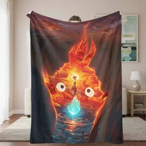 Romantic Sunset Fantasy Art Flannel Blanket Dreamy Castle and Fire Spirit Print Soft Warm Lightweight Cozy Design Perfect for Bedroom Decor Sofa Throw Travel Anniversary Gift Relaxing Evening Use