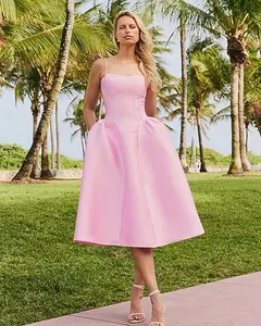 Satin Sweetheart Basque Waist Midi Fit and Flare Dress with Pockets pink lady