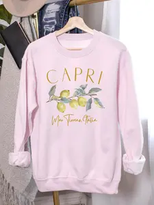 Women's Lemon & Letter Print Drop Shoulder Sweatshirt, Casual Long Sleeve Crew Neck Pullover for Fall & Winter, Fashion Women's Top for Daily Wear