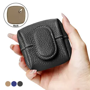 Genuine Mini Lychee Pattern Coin Purse,Solid Color Buckle Key Earphone Storage Bag,Square Snap Change Cash Holder Mini Pocket Wallet Cowhide Coin Purse Compact Headphone Earpods Case Bag Cable Organizer,Casual Change Pouch for Women Men Daily Use