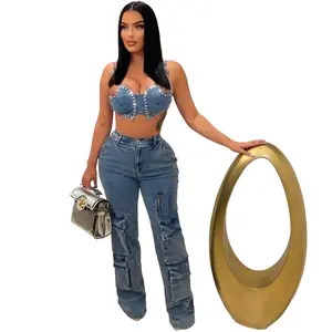 Denim baggy jeans hollow out straight cargo pants women lady Fashion Womenswear Bottom Casual Trouser