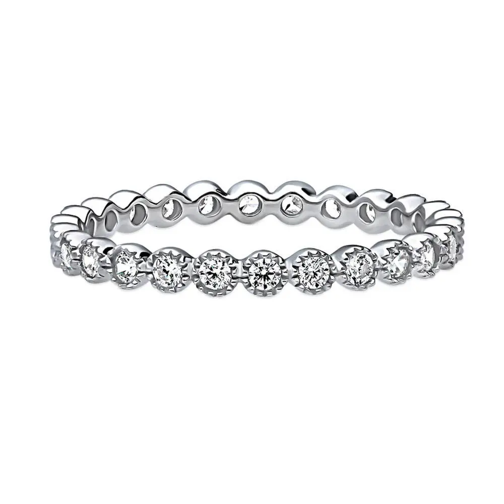 BERRICLE Sterling Silver Bubble Milgrain Rings Stackable Eternity Band Ring for Women, Milgrain Bezel Set Round Cut Cubic Zirconia CZ