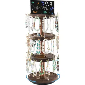 4 Tier Bracelet Holder, Wooden Rotating Bangle Display Stand with 42 Hooks and Tray Base, 360 Degrees Rotatable Rustic Tree Storage for Bracelets Key Chains Small Accessories -Darkbrown