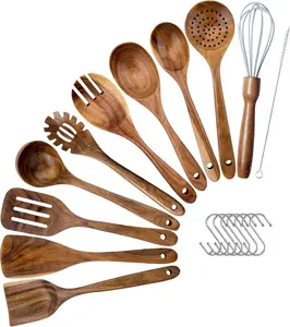 Premium Teak Wood Spoon for Cooking- 10-Piece Non-Stick Wooden Kitchen Utensil Set, Heat-Resistant Wooden Spoons, Ladle, Turner, with 7 Stainless Steel Hooks for Organization
