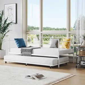Daybed with Trundle  Metal Twin Daybed Frame with Headboard  Multifunctional Mattress Foundation Platform Sofa Bed Metal Slats  for Bedroom  Living Room  Guest Room  White