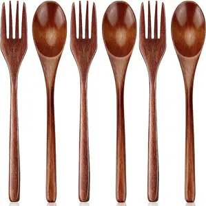 Wooden Spoon and Fork for Eating Utensil Set Lunch Wood Cutlery Silverware Sets Wooden Flatware Reusable Bamboo Eat Utensils Small Wood Forks Spoons