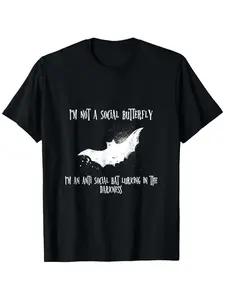 MenS Gothic Vampire Bat T-Shirt - Anti-Social Emo Graphic Tee with Im Not a Social Butterfly Slogan - Heavyweight 180gsm Cotton Shirt - Loose Fit Gothic Clothing for Halloween, Goth Subculture - Sizes S-XXXL( BlackWhite Print) - Perfect for Dark