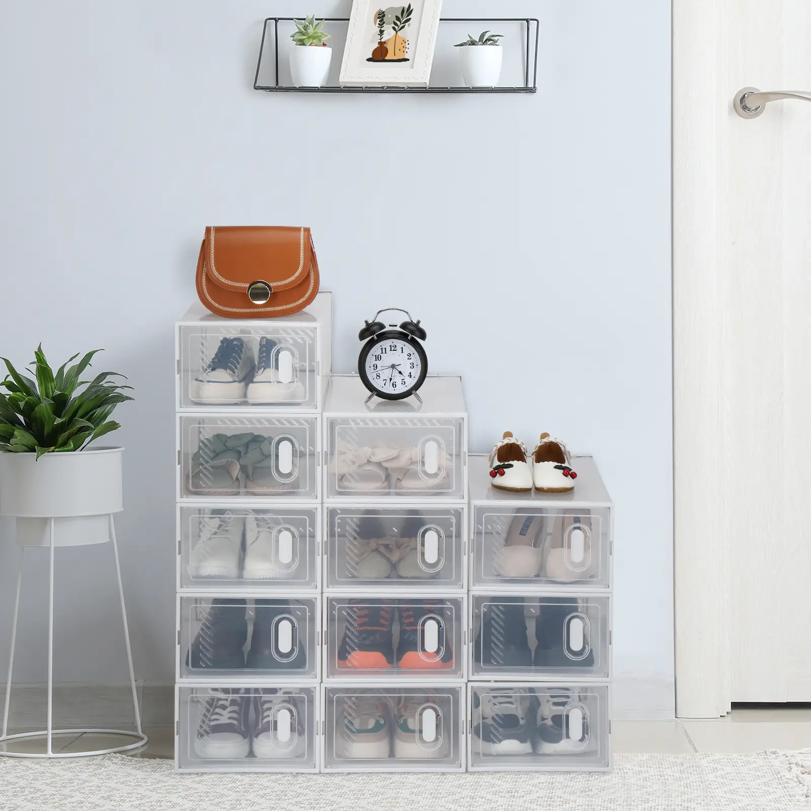 Shoe Cabinet Storage Box, 24/18/12/6/Packing Transparent Plastic Stackable Storage Box with Lid, Suitable for Cloakroom in front of the Door Under Bed