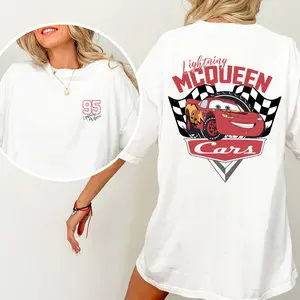 Lightning McQueen 95 Graphic T-Shirt Featuring the Iconic Cars Movie Design with Bold Racing Checkered Flag and Stylish Logo