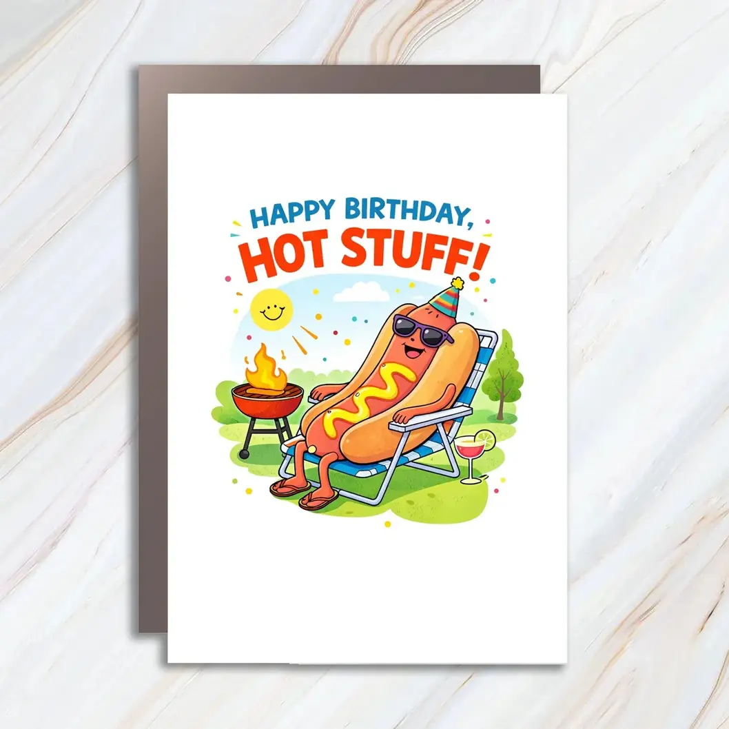 Funny Hot Dog Birthday Greeting Card, Happy Birthday Hot Stuff Card, Cute BBQ Cookout Card for Him Her Friend Boyfriend Girlfriend or Coworker BC29