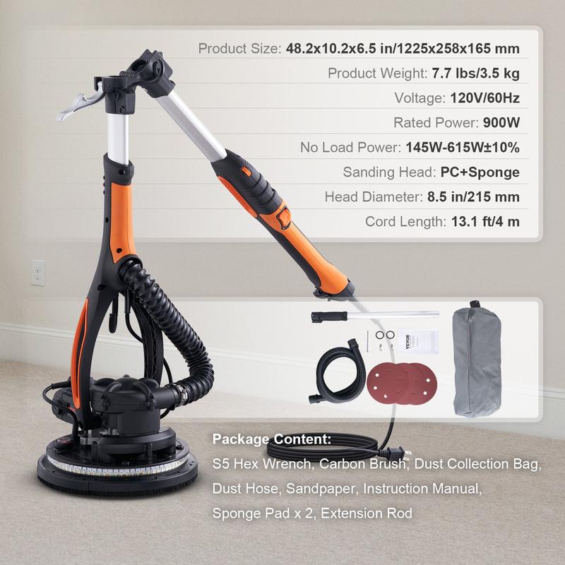 VEVOR Electric Drywall Sander 900W, TikTokShopBlackFriday, Self-Suction & Variable Speed 800-1800 RPM, Foldable Handle & Self-Suction, with LED Strip Light and Vacuum Bag Power Tool  VEVOR Super Brand Day