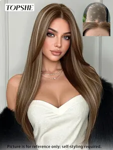 Topshe 13x6 Glueless Lace Front Wig, Brown Long Straight Hair with Blonde Highlights, Heat Resistant, Fashionable Daily Wear for Women, Glueless Beginner Wig