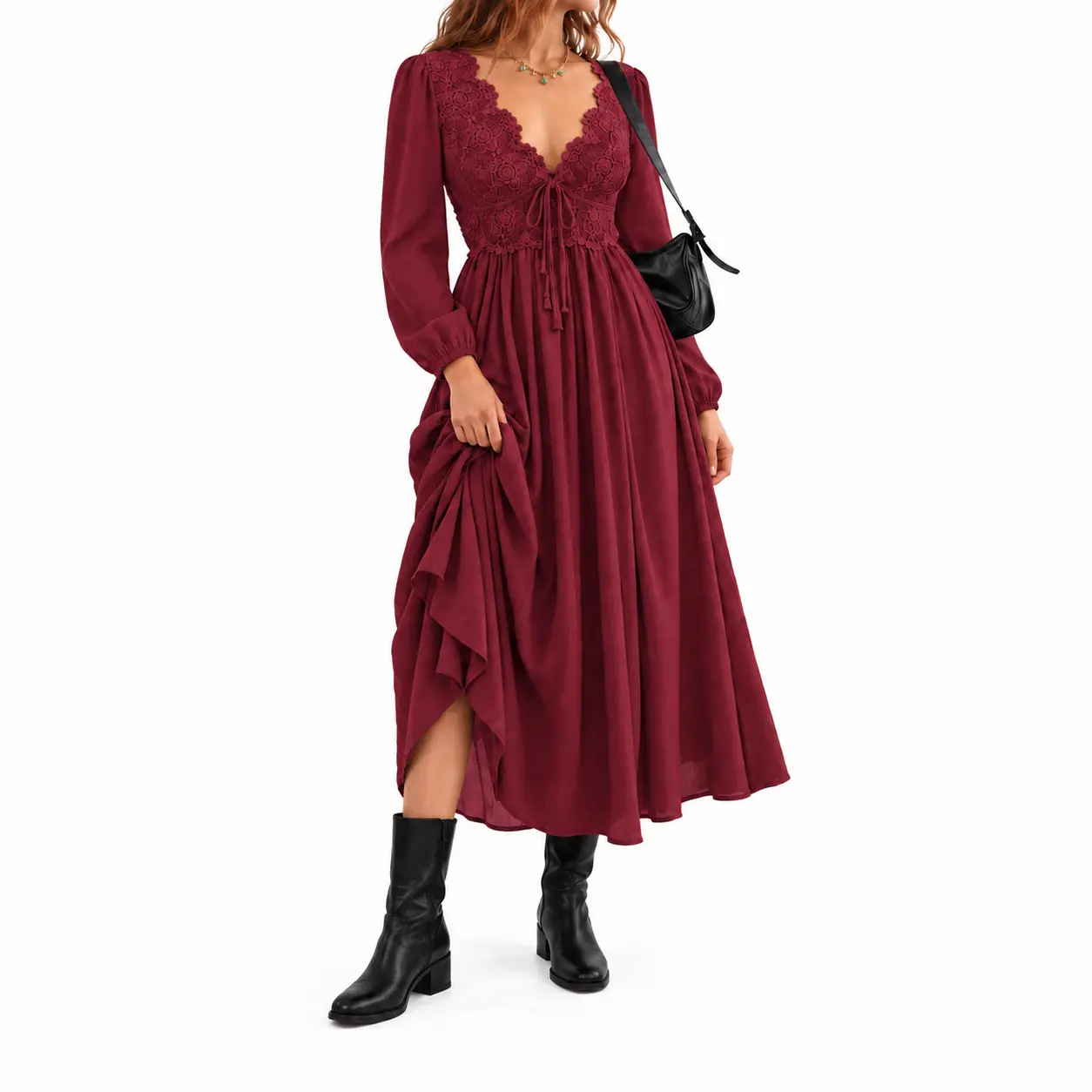 Chicovar Women's Boho Maxi Dress Lace V Neck Drawstring Waist Puff Long Sleeve Flowy A-Line Dress with Pockets, Tummy Friendly, Not Scratchy Lace, for Fall Wedding Guest, Date Nights, Family Photos, Festival Holiday, Party, Vacation, Sohochic