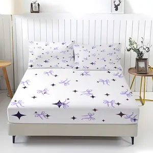 Purple bow and star pattern printed fitted sheet and pillowcase set, Bedsheet Sets, dreamy starry sky bedroom bedding, a great gift.