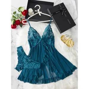 Ladies' Sexy Ruffle Trim Cami Nightdress Bow Decor Panty Set Comfortable Playful Floral Lace Sheer Sleepwear Glamour Lingerie Pajamas, Stylish, Breathable, Wardrobe Essential, Simple Style, Outdoor, Weekend Wear