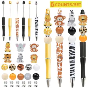 6pcs Cute Creative Zoo Jungle Theme DIY Bead Ballpoint Pen Set, Tiger Lion Zebra Giraffe Elephant Monkey Beads, Perfect Gift for Friends