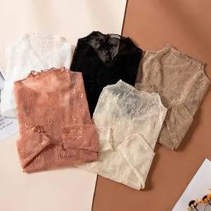 3PCS Women Half High Collar Mesh Bottomed Blouse Lace Ear Edge Spring and Autumn Western-style Hollow Long Sleeve Lace Top