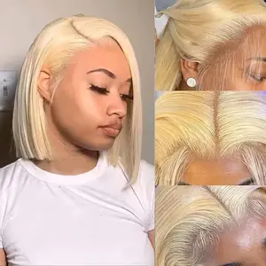 613 Blonde Bob Wig Human Hair 13X4 Straight HD Transparent Bob Lace Front Wigs Human Hair Honey Blonde Short Bob Hd Lace Frontal Wigs For Women Wear and Go Glueless Wig Pre Plucked With Baby Hair