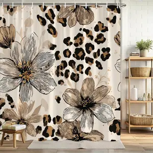 Floral Shower Curtain Exotic Flower Design with Leopard Spots on a Cream Backdrop, Detailed with Intricate Line Art, Bathtub Partition Curtain Comes with Hooks, Perfect for Home Decoration