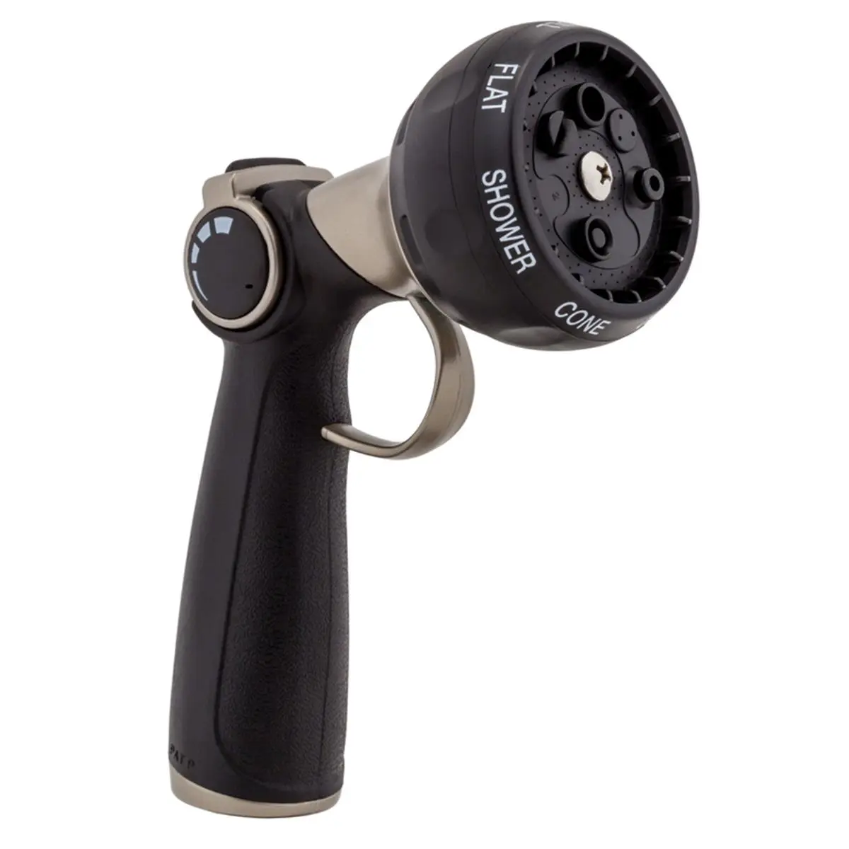 Orbit 7015486 Graphite Metal Turret Nozzle - 7 Multi-Pattern Multi-Spray Nozzle & Spray Gun, Mist-Generating, Adjustable Flow Rate, Fingertip Control, Thumb-Actuated Valve Water Flow Control, Heavy-Duty Metal Construction, Soft Touch Dial Guard, Multi-Spr