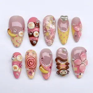 Mismatched Kawaii Press on Nails with 3D Monkey, Banana & Pink Flower | Fake Nails in Almond | Sweet Pastel Handmade Art