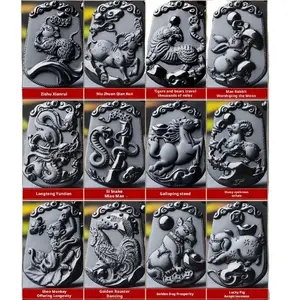 Natural Obsidian, Chinese Zodiac Pendant, Black Obsidian Necklace, Lucky Amulet, Healing Crystal, Feng Shui Jewelry, Men Women Pendant, Zodiac Charm, Birthstone Jewelry, Good Luck Gift