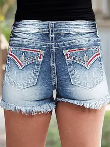 Women's Denim Shorts, Five-Point Star Embroidery, Aesthetic, Fashion Casual Wear, Comfortable Fit, Perfect for Daily Use