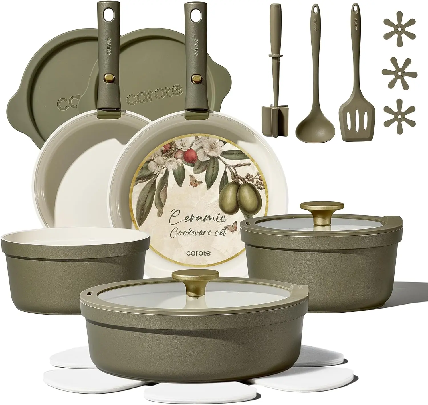 21pcs Ceramic Cookware Sets, Nonstick Pots and Pans Set Non Toxic | Space Saving, Detachable Handle, Dishwasher & Oven Safe, PFAS Free, Kitchen/Apartment/Camping/RV/ Traveling Cooking Sets Glass