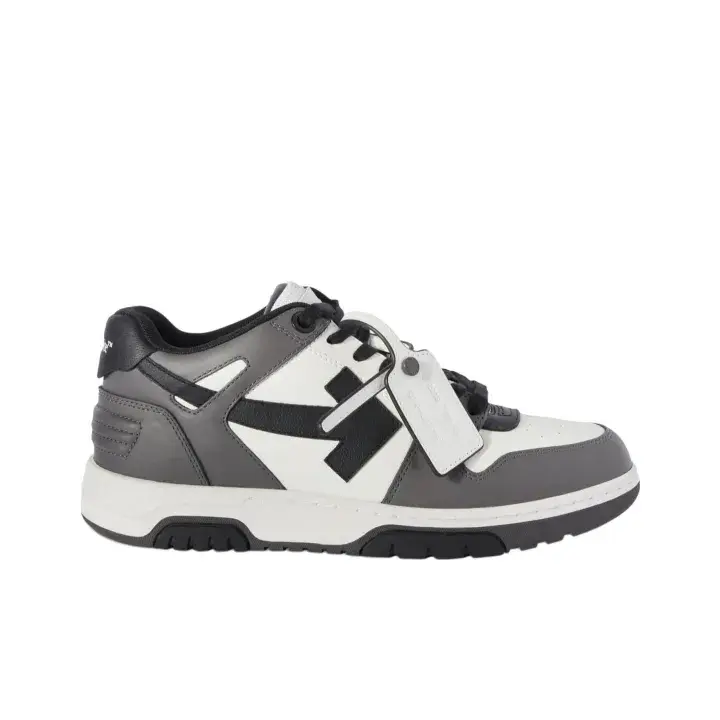 retro streetwear low cut casual footwear black white multi panel leather upper arrow print tan flat rubber sole brand new unopened intact original shoe box hip hop fashion daily kicks