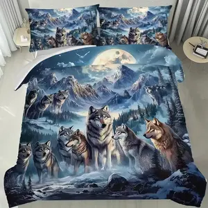 Pattern of Snow Mountain Wolf Pack Bedding Set, 3 Piece Includes 1 Fitted Sheet and 2 Pillowcases, Soft Breathable Design, Suitable for Bedroom and Guest Room