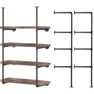 Industrial Wall Mount Iron Pipe Shelf Bracket,Retro DIY Open Bookshelf,Shelves, Ceiling Hung Shelves for Home Living Room Office(2PcsX4Tier,56" Tall,12" deep,Only)