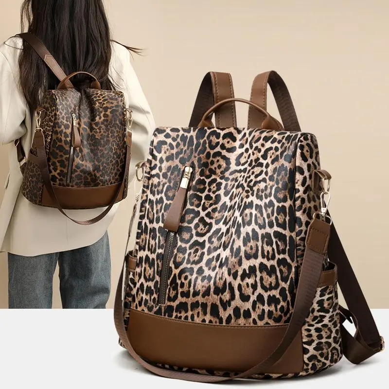 Women Fashion Simple Leopard Print Backpack, Casual Versatile Large Capacity Anti-theft Travel Backpack for Ladies Daily Outdoor Bag