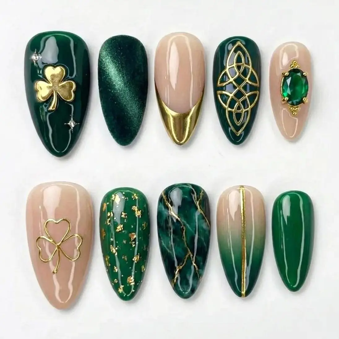 St Patrick’s Day Press On Nails, Emerald Green Gold Shamrock Nails, Luxury Festival Nail Set, Festival Party Nail Art, Green nails
