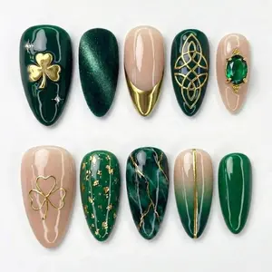 St Patrick’s Day Press On Nails, Emerald Green Gold Shamrock Nails, Luxury Festival Nail Set, Festival Party Nail Art, Green nails