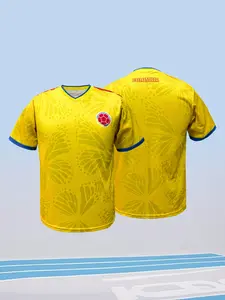 Colombia Yellow Printed Soccer Jersey, Crew Neck Casual Loose Fit Shirt, Unisex Street Style Sport Tee, All-Season Breathable Top, Fashion Graphic Fan Jersey for Daily Wear