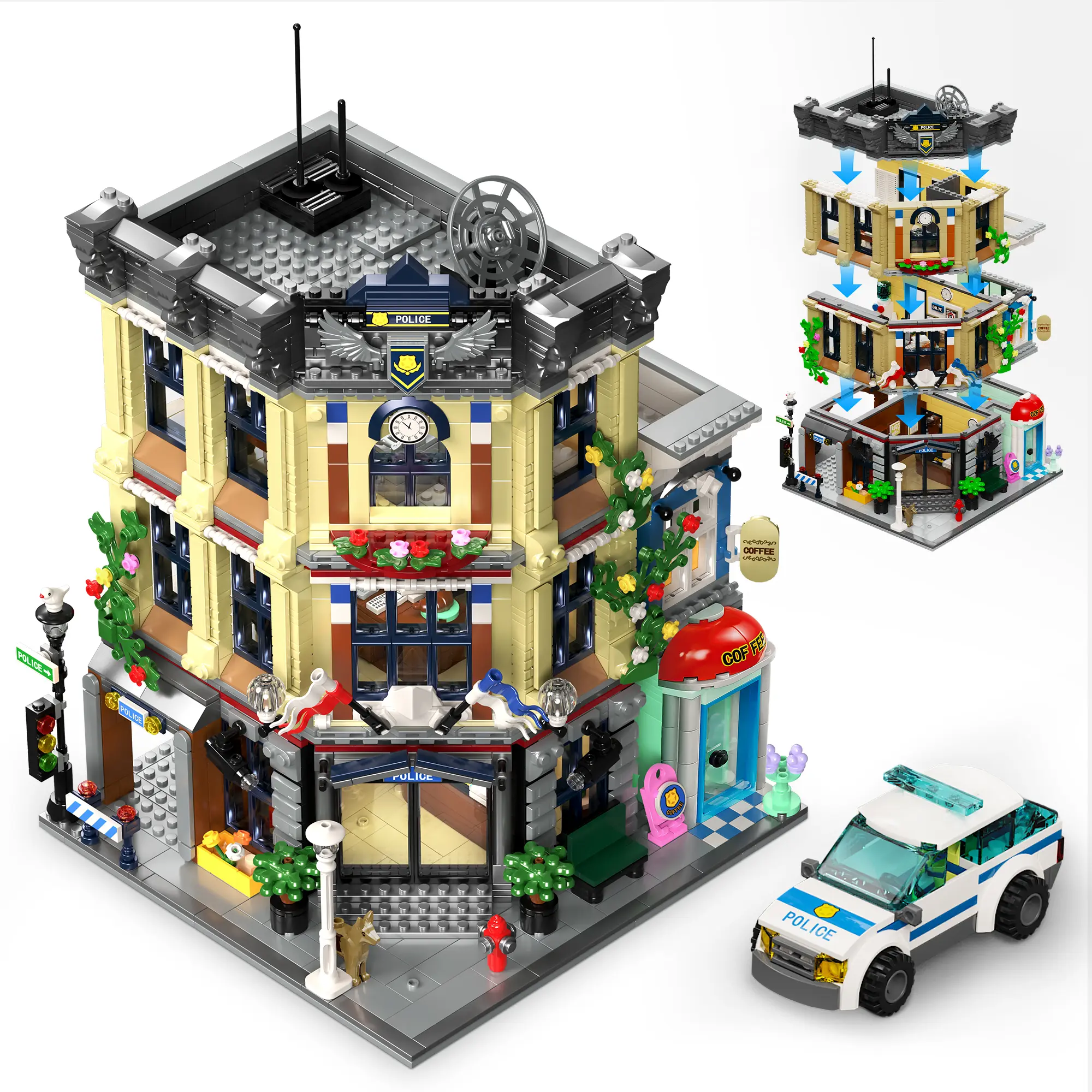 TOKMOC 2066 Pieces City Police Station Building Set,Police Architecture Building Blocks Toy Includes Police Car, Police Station with Office, Interrogation Room, Rooftop Radar, Coffee Shop,Ideal Birthday & Holiday Gift for Aged 12 And Above