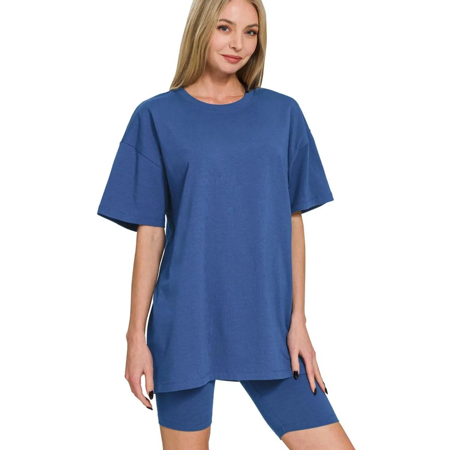Zenana Cotton Round Neck Top & Biker Shorts