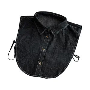 Women Vintage Washed Denim Faux Collar Detachable Dickey Button Lapel Half Shirt