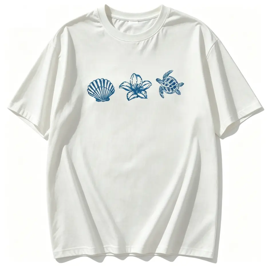 Premium cotton seashell sea turtle lily coastal graphic casual women short sleeve top summer beach comfy cotton tee