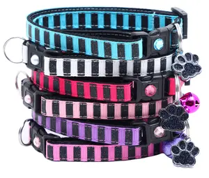 Bold Black Glitter Stripes Breakaway Safety Cat Collar with Jingle Bell & Paw Charm by Pugs2Persians Striped Goth Gothic