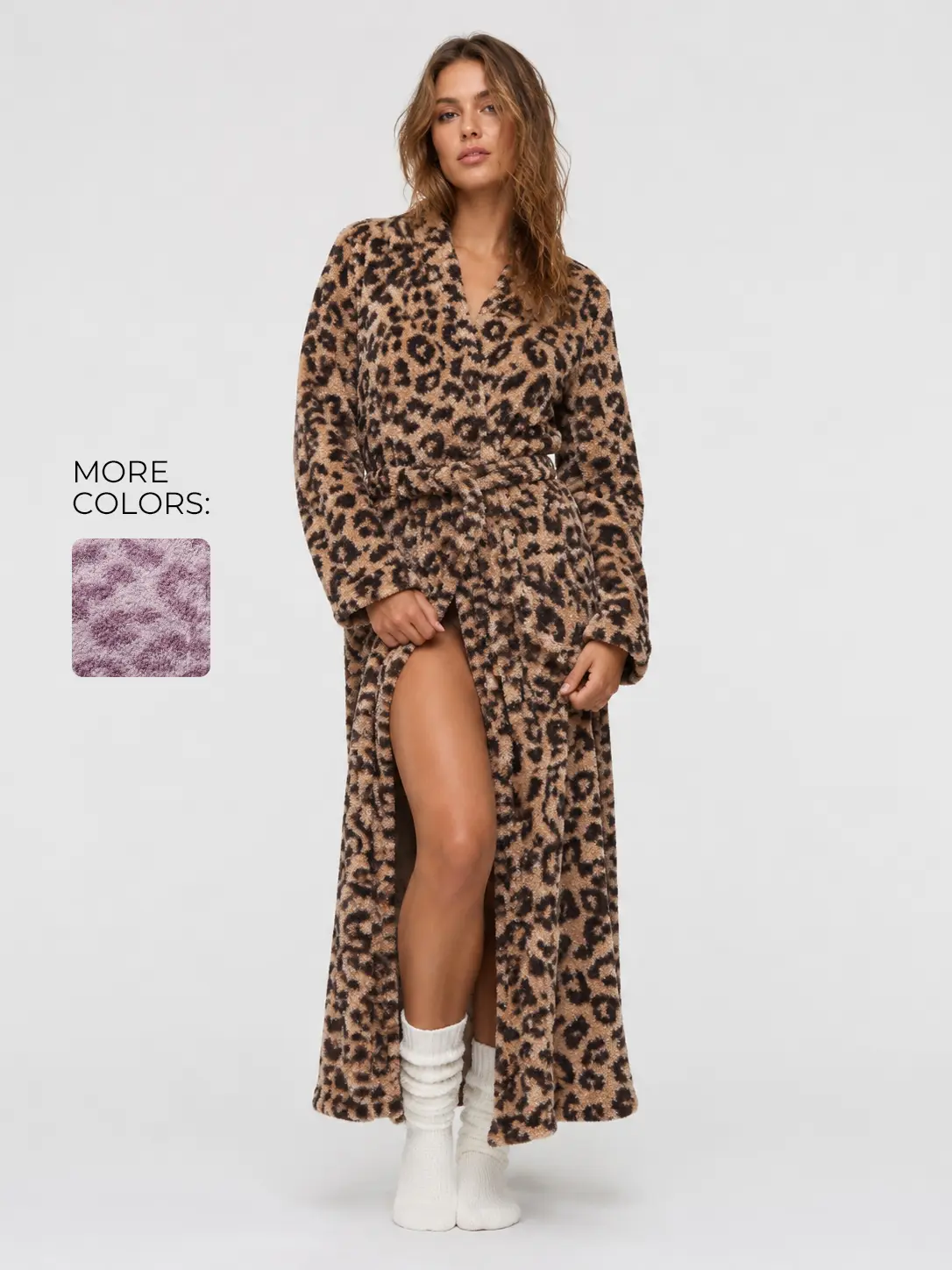 U2SKIIN women’s leopard print plush bathrobe, lightweight V-neck kimono robe, longer length with pockets—warm, soft, fluffy, and lightweight loungewear robe for autumn/winter