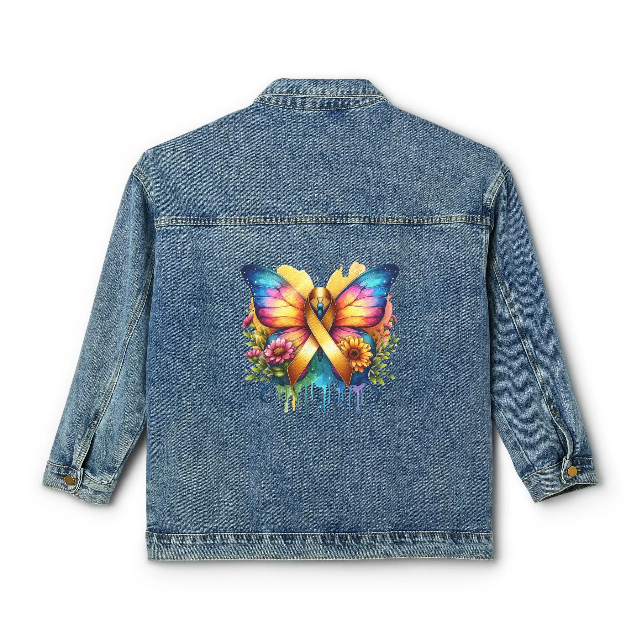 Gold Ribbon & Butterfly Women's Denim Jacket Casual Long Sleeve Collared Spring Fashion Style with Floral Jean Outerwear Oversized Comfort Fabric