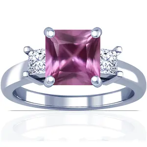 Pink Sapphire Square and Diamond Three Stone Ring - (14k White Gold)- R60400REPS
