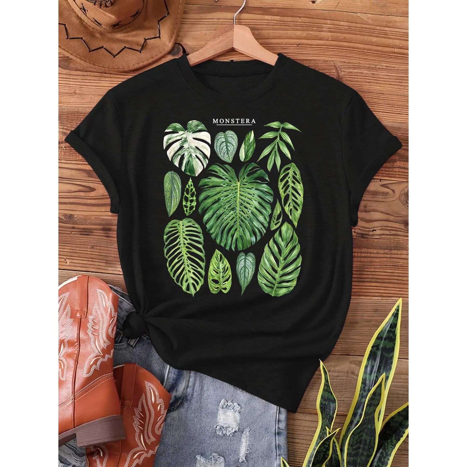 Women's Sheer Botanical T-Shirt with Monstera Leaf Graphic, Stretchy Short-Sleeve Knit Top for Casual Everyday Streetwear Outfits, Spandex, Fabric, Piece, Tshirt, Print, Valentines Day, Casual Fit, Polyester Blend, Loose-Fitting, Athletic, Leaf Prints, Ed