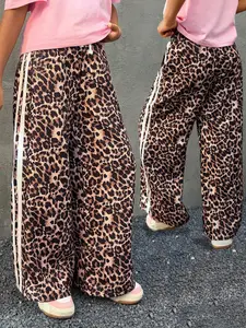 Teen Girl Leopard Print Drawstring Waist Wide Leg Pants, Fashion Loose Fit Casual Trousers, Suitable for All Seasons, Ages 3+, Leopard Pattern Pants
