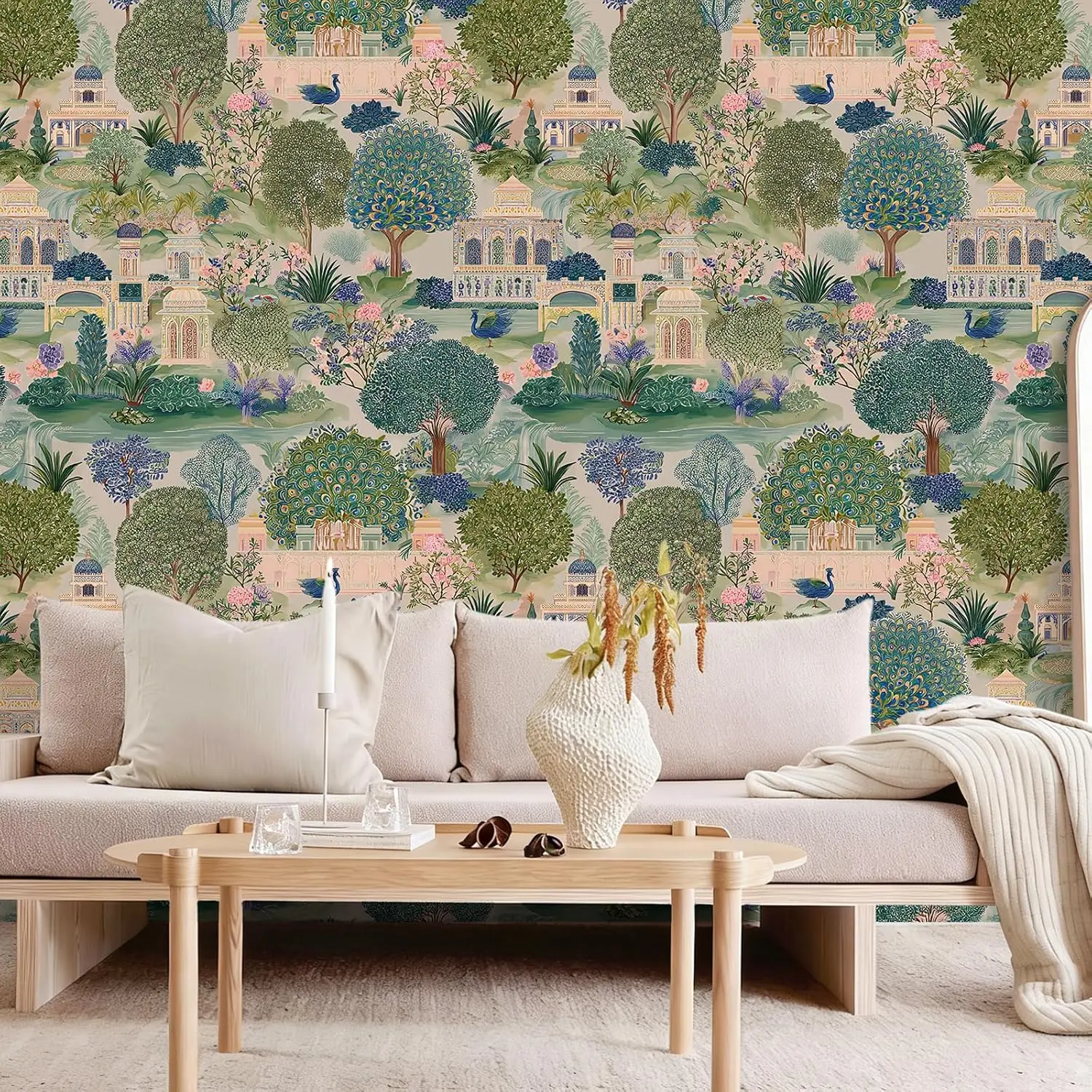 VEELIK Jaipur Garden Peacock Peel and Stick Wallpaper, Vintage Chinoiserie Floral Wallpaper for Bedroom Accent Walls, 17.7''x118'' Removable Pink Green Indian Palace Wall Mural for Bathroom Nursery