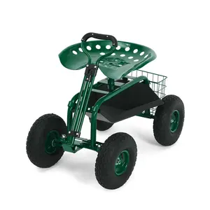 Garden Work Seat with Wheels, 400lbs Heavy Duty Garden Cart, 360° Swivel Adjustable Height Rolling Stool, Extendable Handle, Storage Basket & Tray for Gardening, Lawn Care, Adults & Seniors