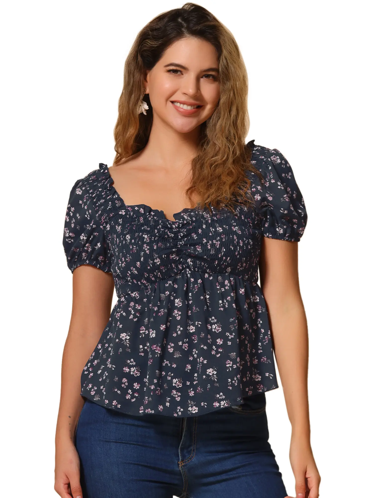 INSPIRE CHIC Puff Short Sleeve Floral Blouse for Women Sweetheart Neck Shirred Ruffle Peplum Top
