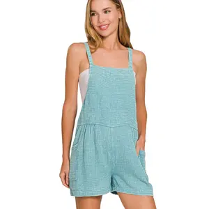 Zenana Washed Double Gauze Tie Back Rompers